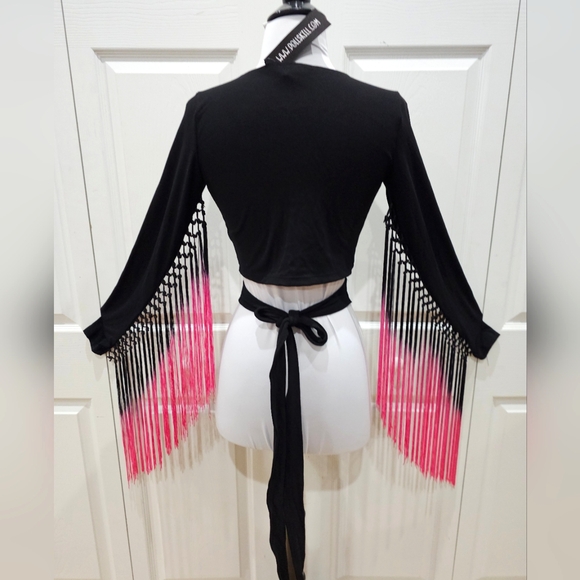 Current Mood Tops - ~SOLD~ Dolls Kill Current Mood Black Pink Whirlwind Romancer Fringe Wrap Top S